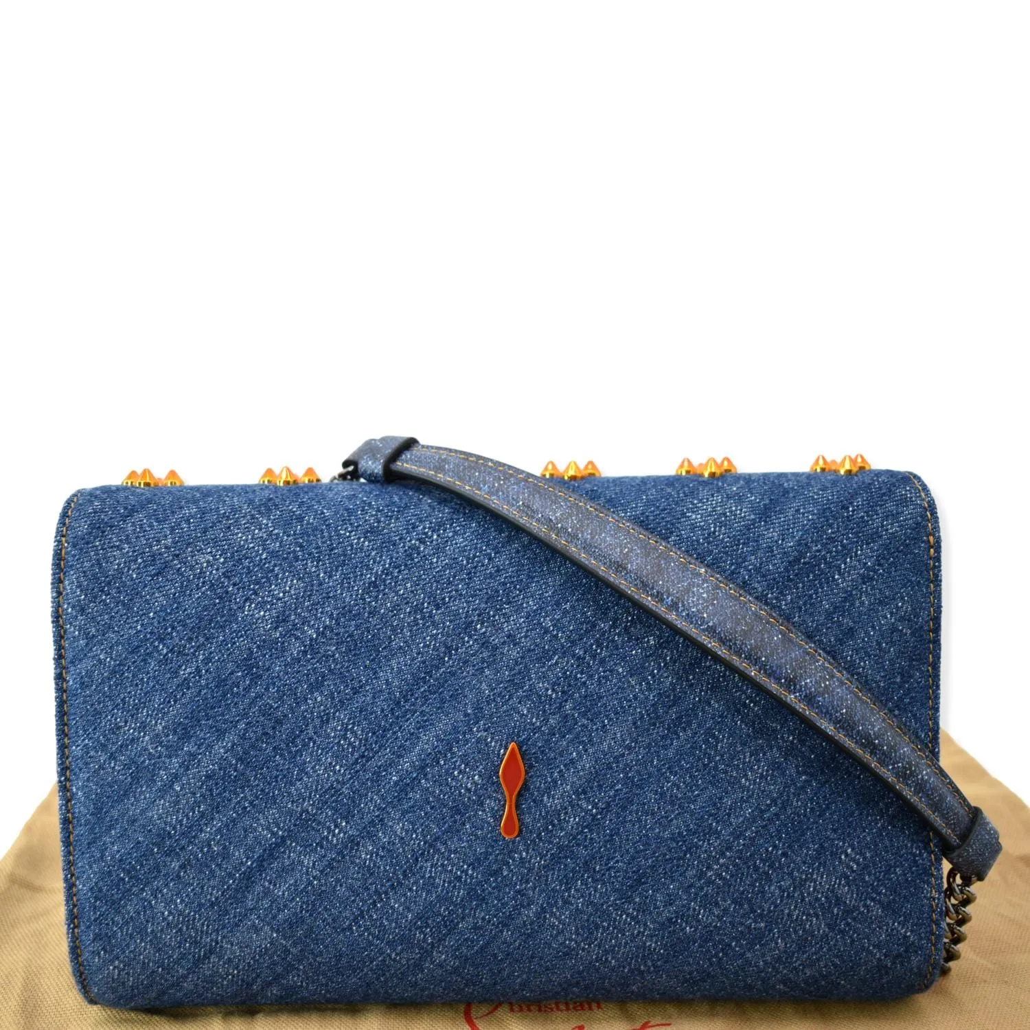 CHRISTIAN LOUBOUTIN Paloma Denim Patent Pearl Spikes Crossbody Bags Dark Blue