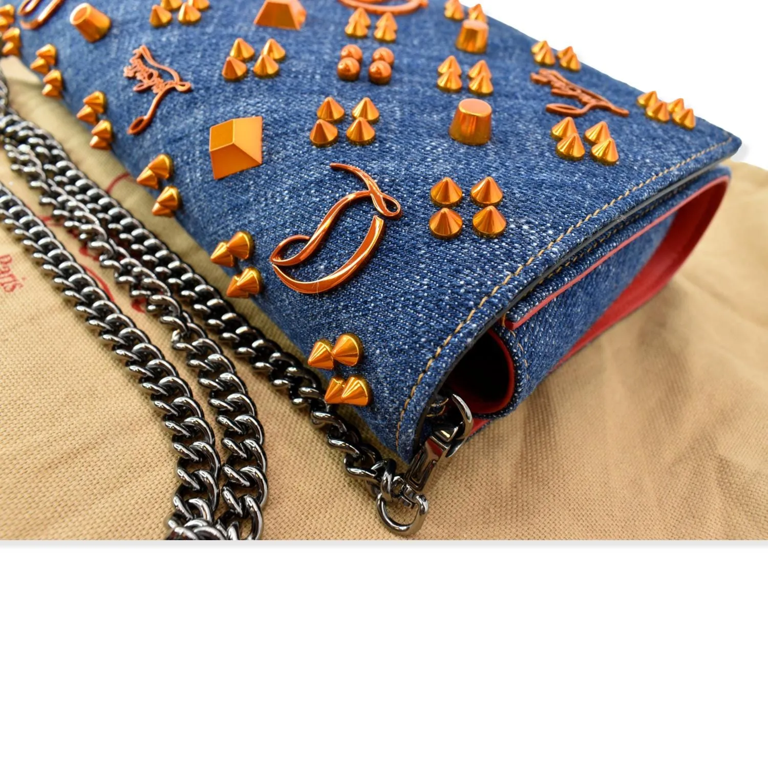 CHRISTIAN LOUBOUTIN Paloma Denim Patent Pearl Spikes Crossbody Bags Dark Blue