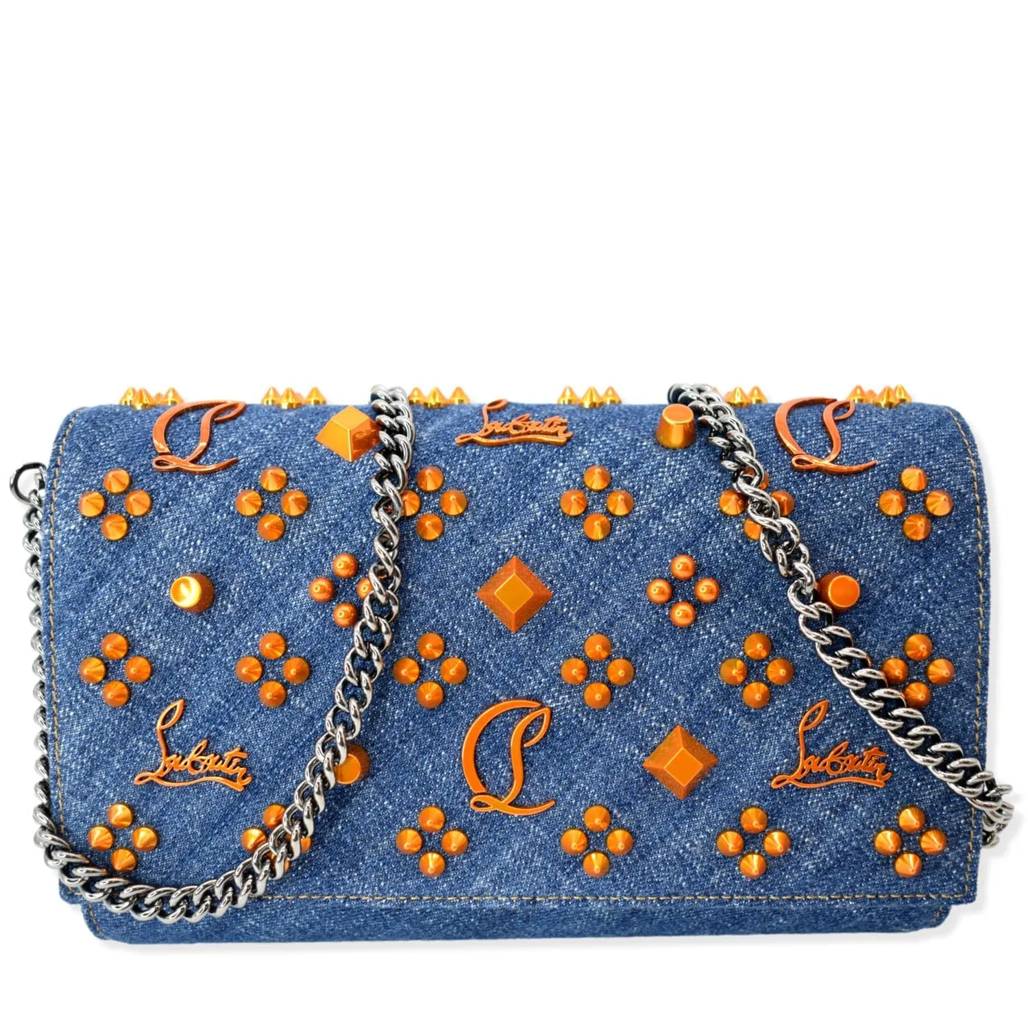 CHRISTIAN LOUBOUTIN Paloma Denim Patent Pearl Spikes Crossbody Bags Dark Blue