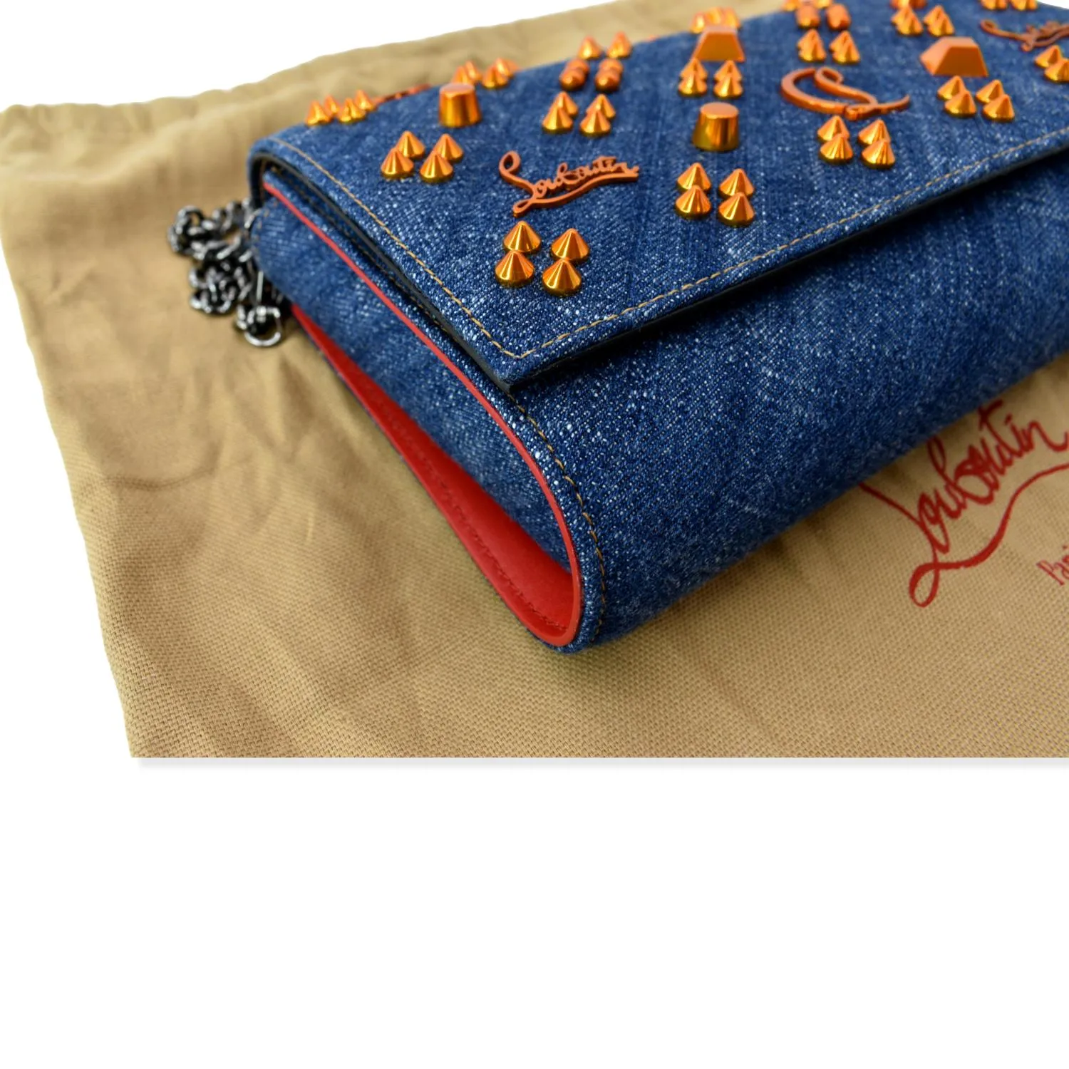 CHRISTIAN LOUBOUTIN Paloma Denim Patent Pearl Spikes Crossbody Bags Dark Blue