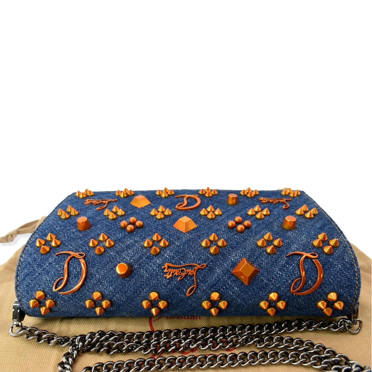 CHRISTIAN LOUBOUTIN Paloma Denim Patent Pearl Spikes Crossbody Bags Dark Blue