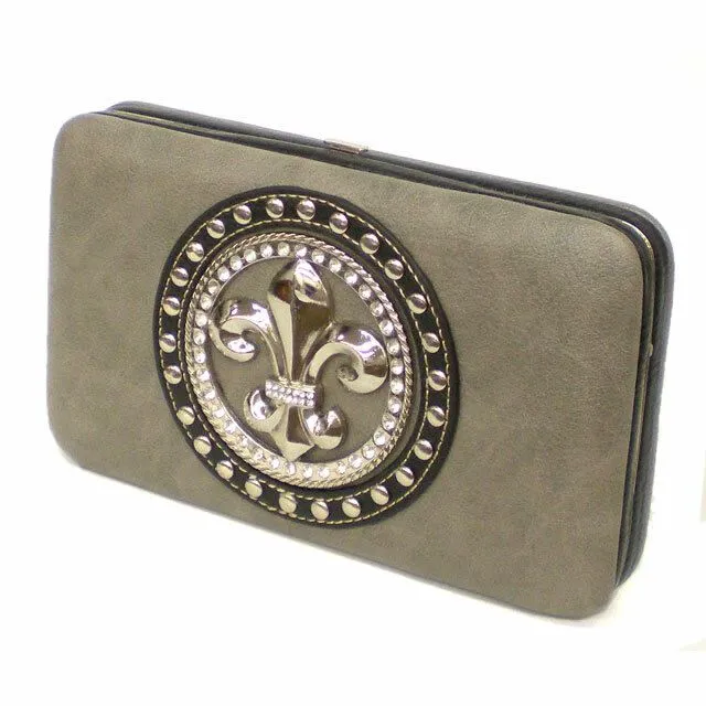 Fleur De Lis metal studs rhinestone clutch L wallet woman cards bills WLP