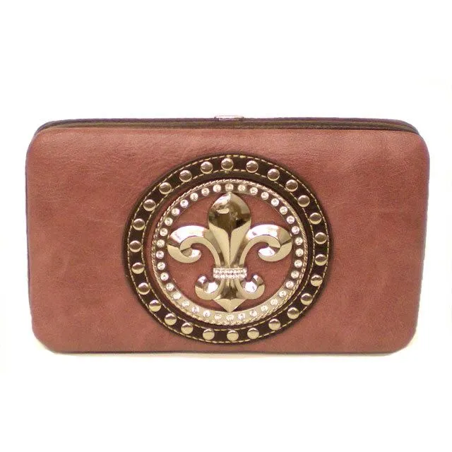 Fleur De Lis metal studs rhinestone clutch L wallet woman cards bills WLP