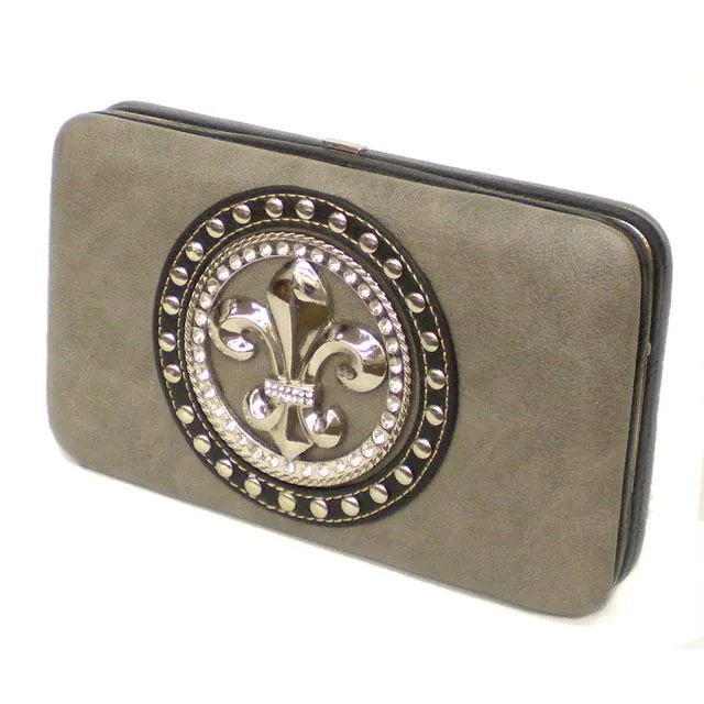Fleur De Lis metal studs rhinestone clutch L wallet woman cards bills WLP