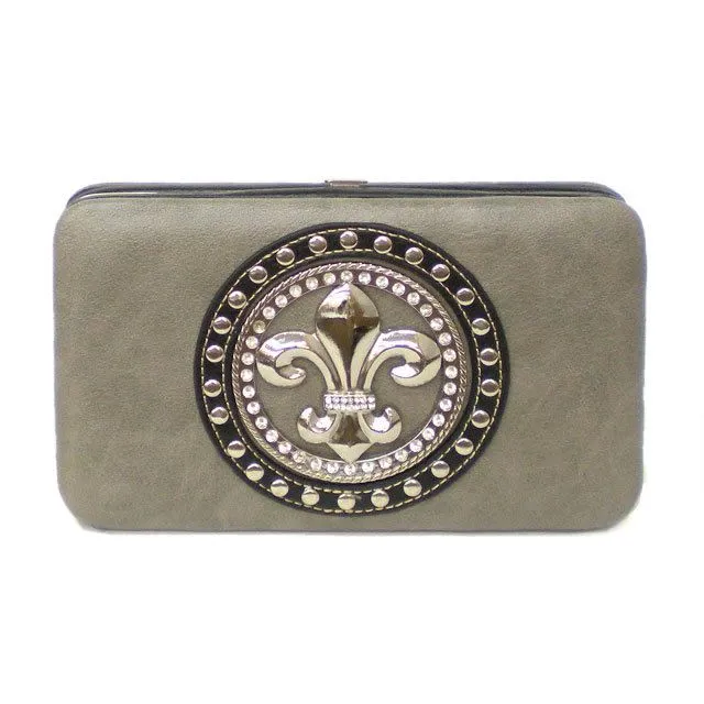 Fleur De Lis metal studs rhinestone clutch L wallet woman cards bills WLP