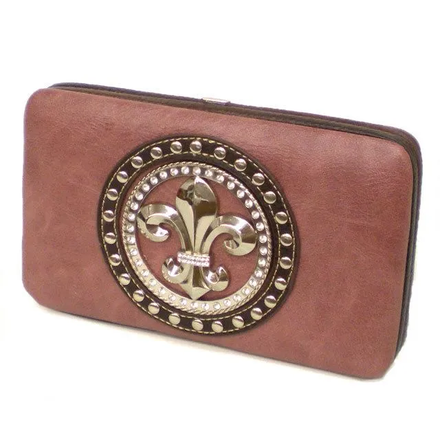 Fleur De Lis metal studs rhinestone clutch L wallet woman cards bills WLP