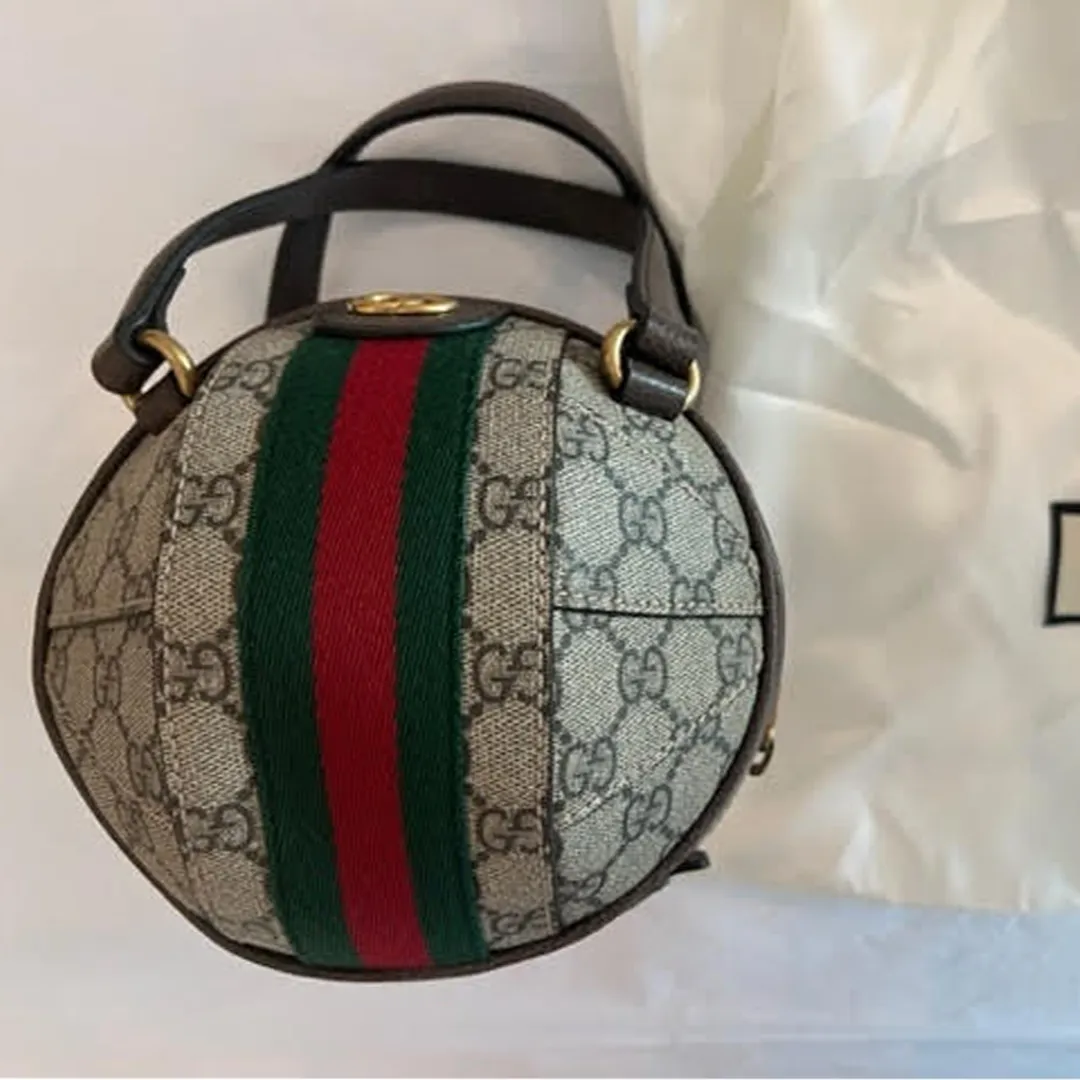 Gucci Small Basketball Red Brown Stripe Round Canvas Leather Handbag Bag NEW