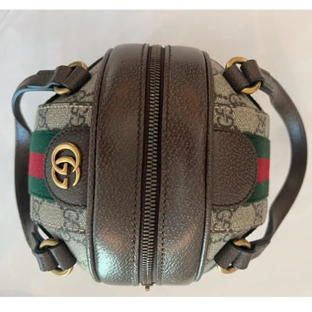Gucci Small Basketball Red Brown Stripe Round Canvas Leather Handbag Bag NEW