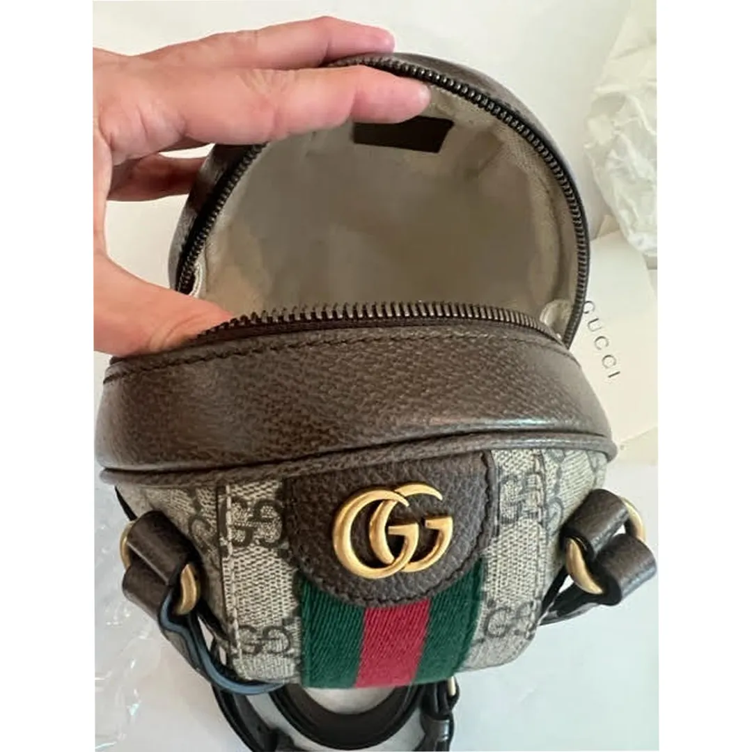 Gucci Small Basketball Red Brown Stripe Round Canvas Leather Handbag Bag NEW