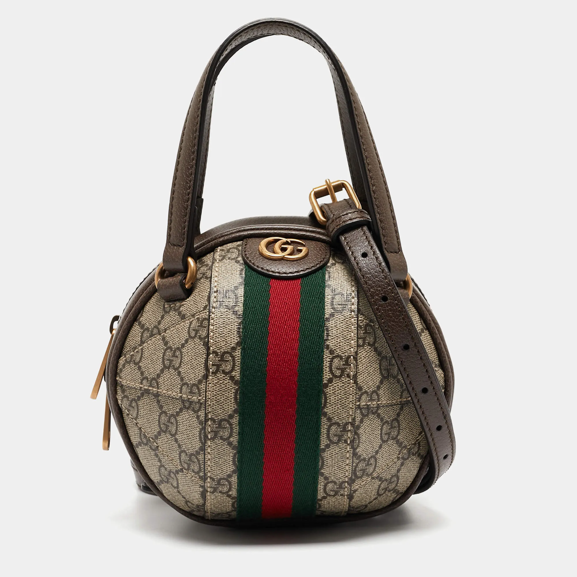 Gucci Small Basketball Red Brown Stripe Round Canvas Leather Handbag Bag NEW