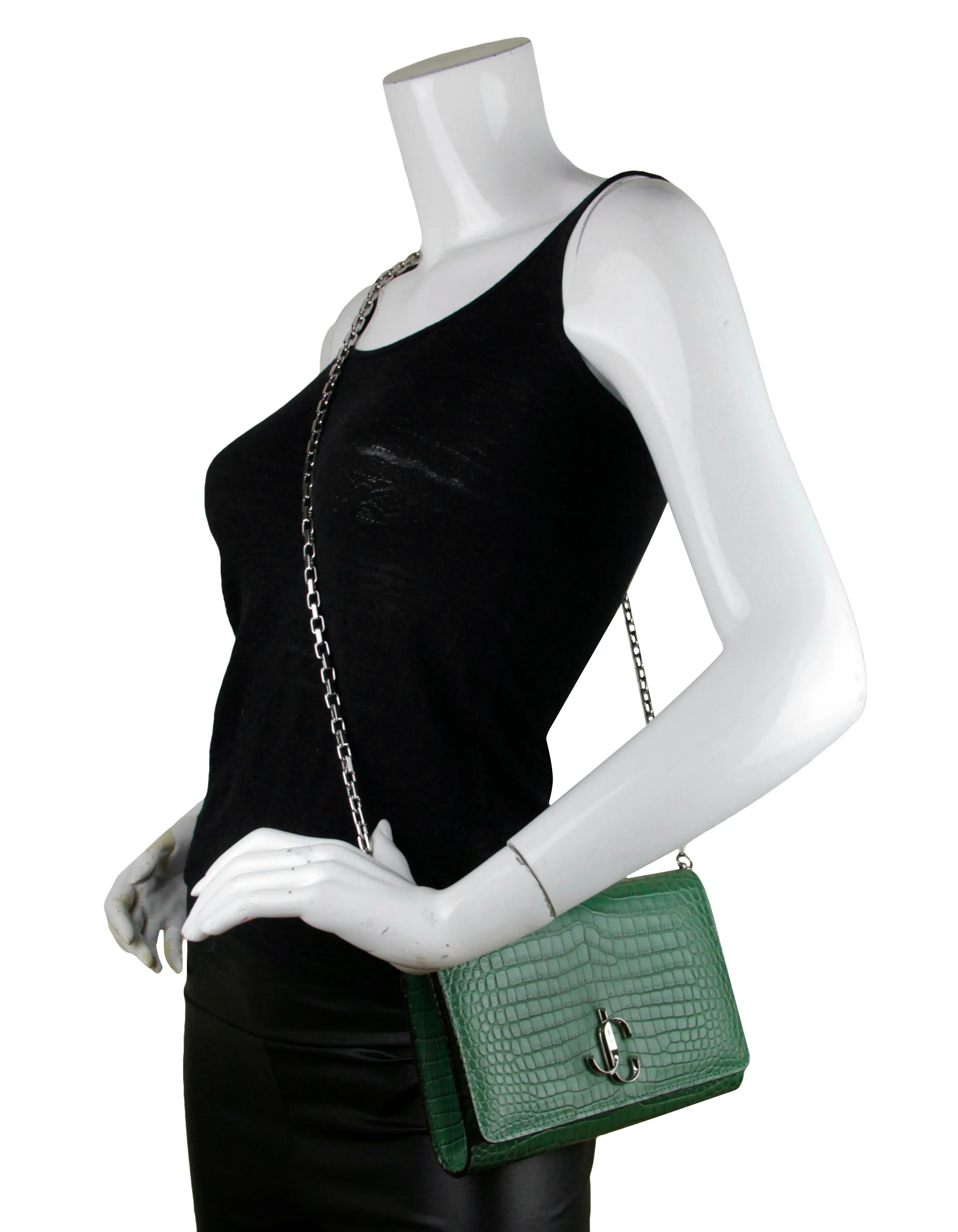 Jimmy Choo Cactus Green Embossed Crocodile Varenne Crossbody/ Clutch Bag