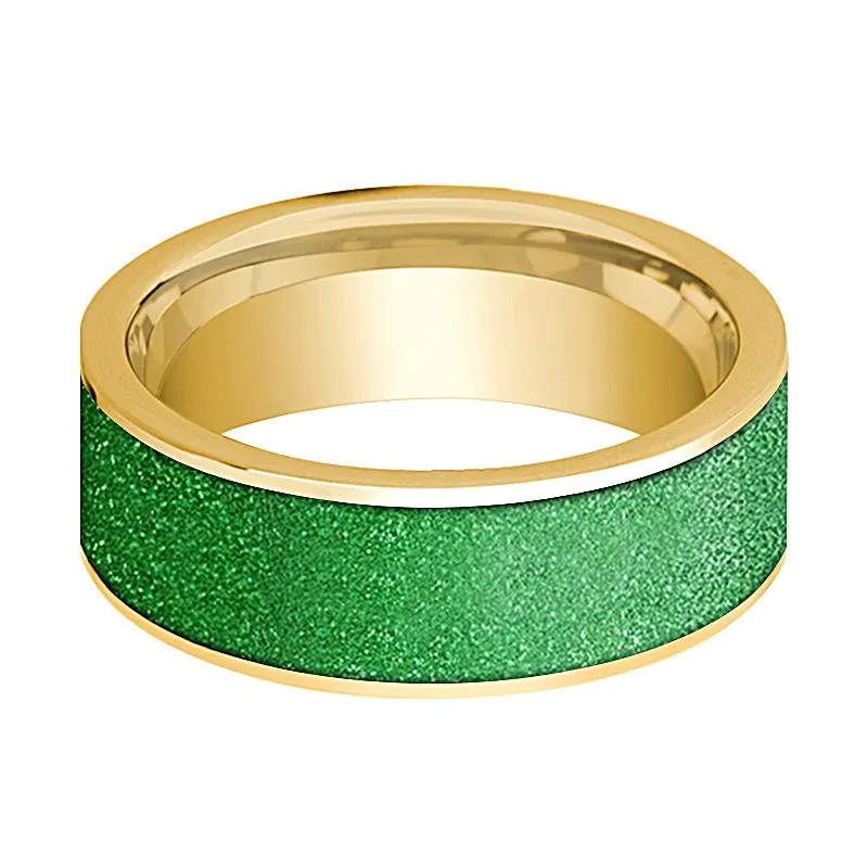 Men's 14k Yellow Gold Wedding Band With Textured Green Inlay Flat Polished Design - 8MM