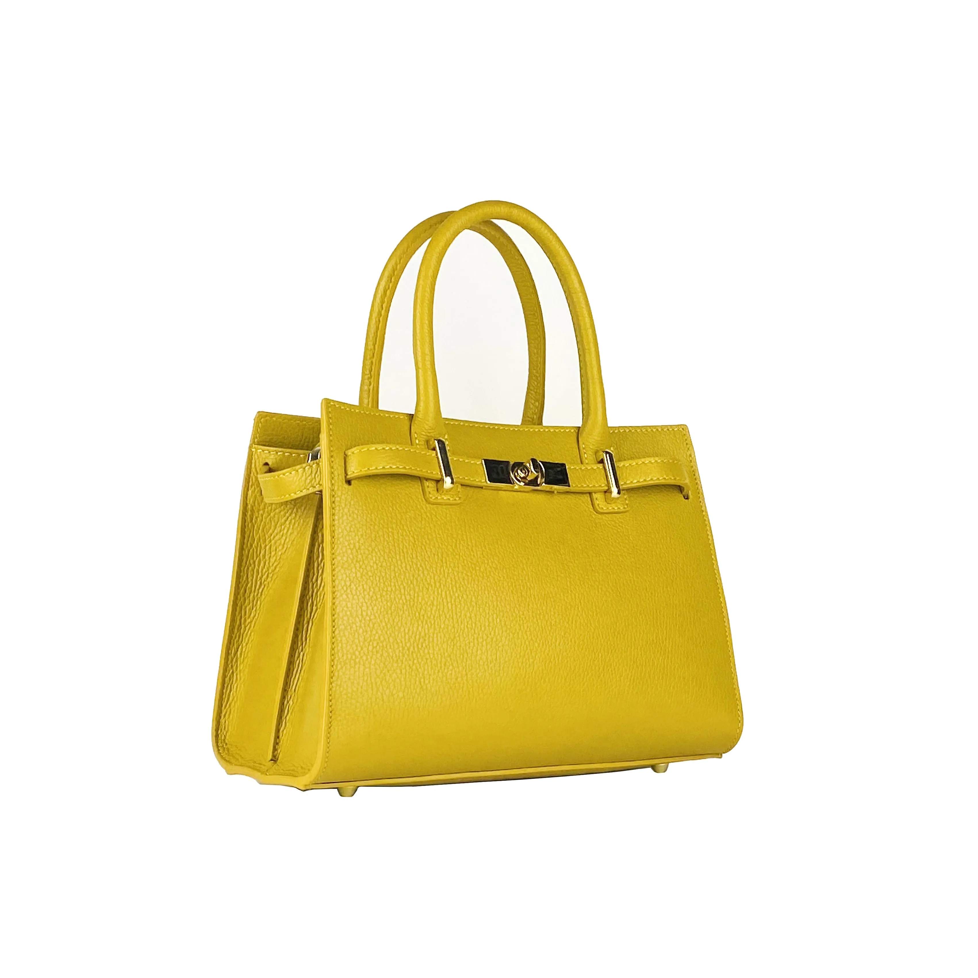 RB1016AR | Women's handbag in genuine leather Made in Italy with removable shoulder strap. Attachments with shiny gold metal snap hooks - Mustard color - Dimensions: 28 x 20 x 14   12.5 cm