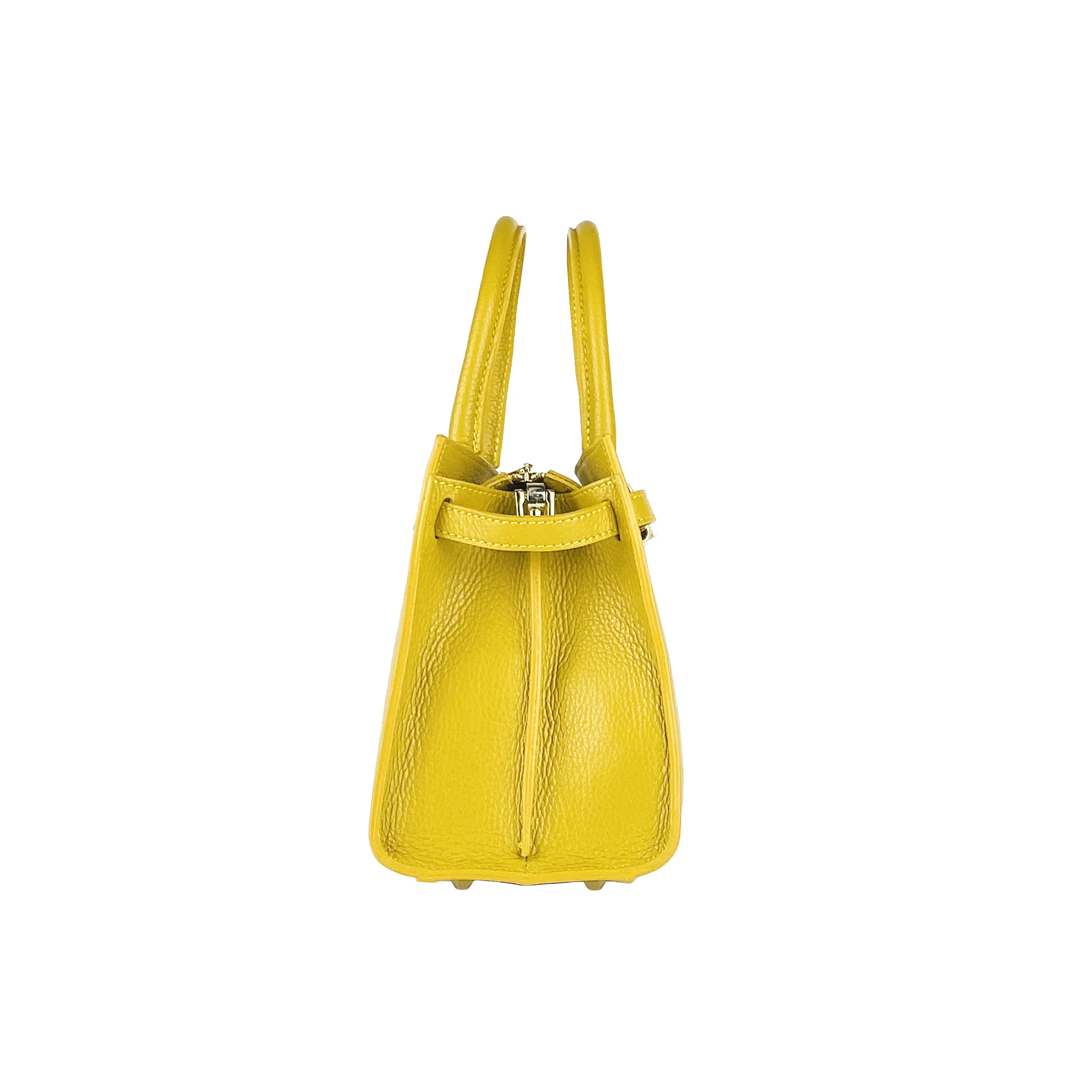 RB1016AR | Women's handbag in genuine leather Made in Italy with removable shoulder strap. Attachments with shiny gold metal snap hooks - Mustard color - Dimensions: 28 x 20 x 14   12.5 cm