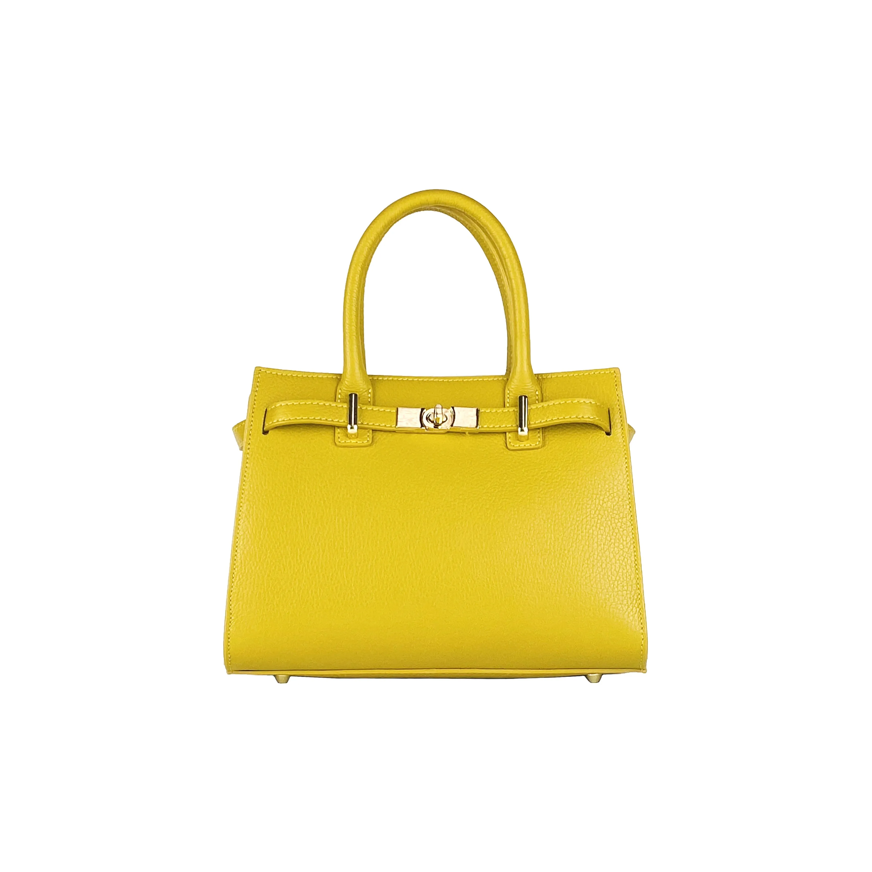 RB1016AR | Women's handbag in genuine leather Made in Italy with removable shoulder strap. Attachments with shiny gold metal snap hooks - Mustard color - Dimensions: 28 x 20 x 14   12.5 cm