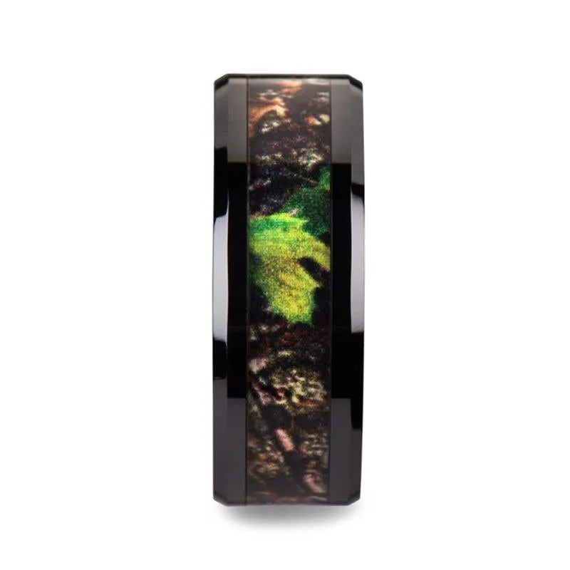 Thorsten NIGHTFALL Realistic Tree Camo Black Ceramic Wedding Band with Green Leaves - 8mm