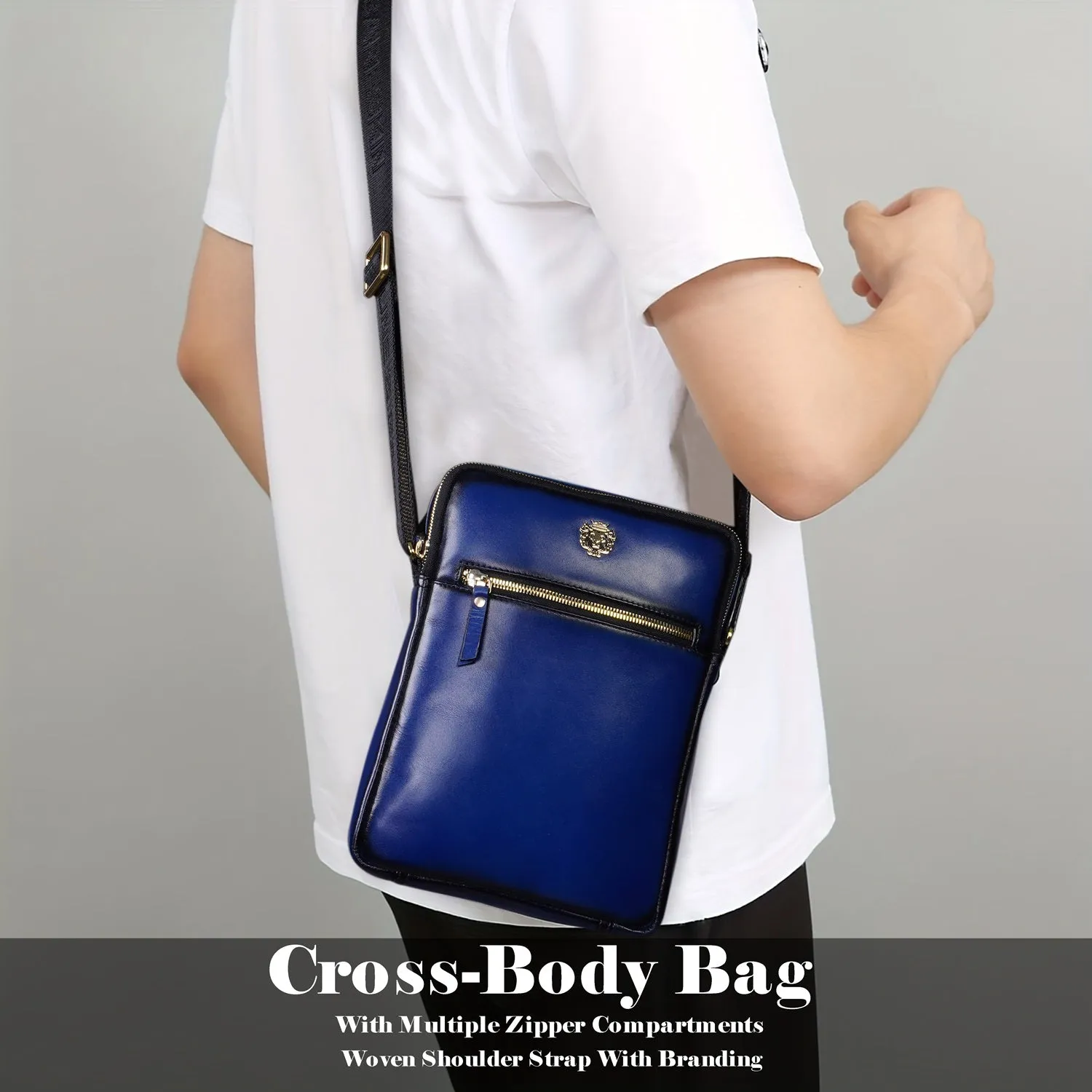 Travel Cross-Body Bag in Blue Leather