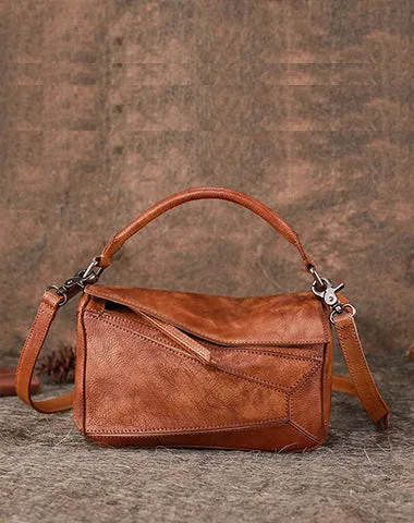 Vintage Green Leather Womens Cube Shoulder Bag Handmade Geometry Crossbody Purse for Ladies