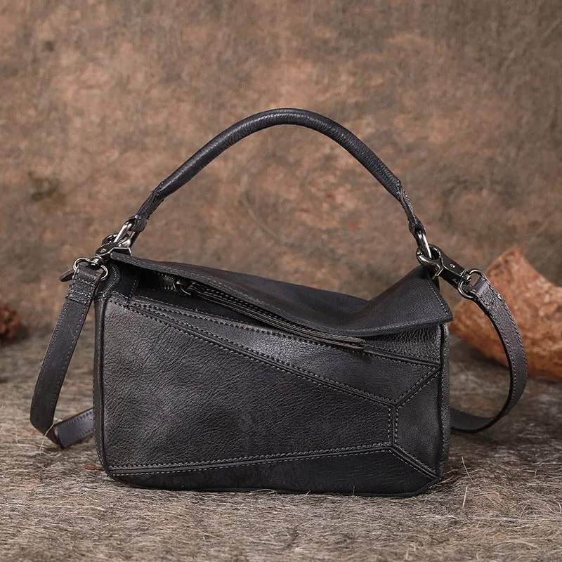 Vintage Green Leather Womens Cube Shoulder Bag Handmade Geometry Crossbody Purse for Ladies