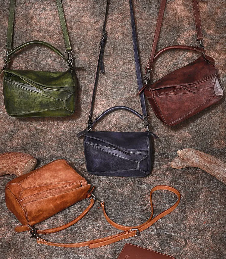Vintage Green Leather Womens Cube Shoulder Bag Handmade Geometry Crossbody Purse for Ladies