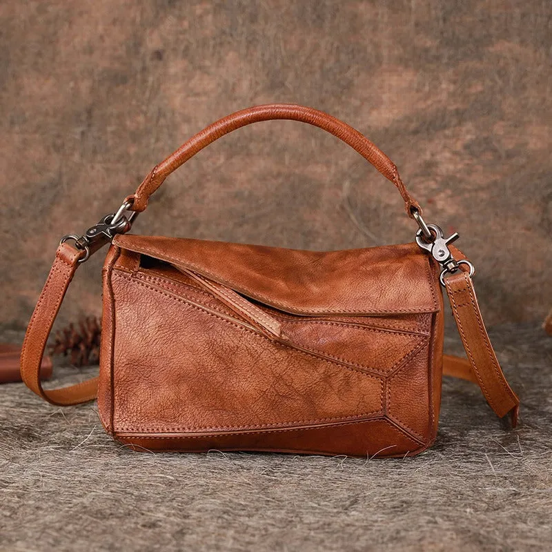 Vintage Green Leather Womens Cube Shoulder Bag Handmade Geometry Crossbody Purse for Ladies