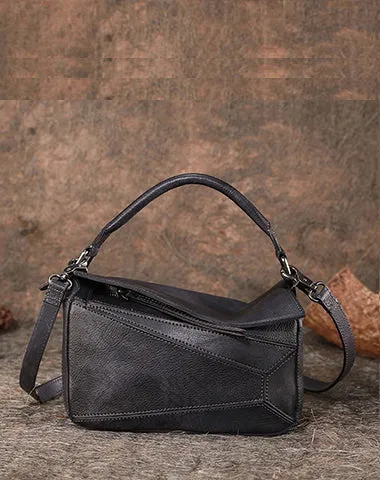 Vintage Green Leather Womens Cube Shoulder Bag Handmade Geometry Crossbody Purse for Ladies