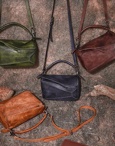 Vintage Green Leather Womens Cube Shoulder Bag Handmade Geometry Crossbody Purse for Ladies