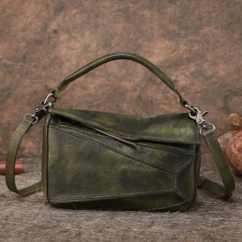 Vintage Green Leather Womens Cube Shoulder Bag Handmade Geometry Crossbody Purse for Ladies