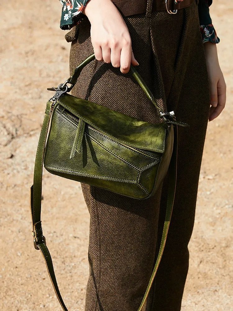 Vintage Green Leather Womens Cube Shoulder Bag Handmade Geometry Crossbody Purse for Ladies