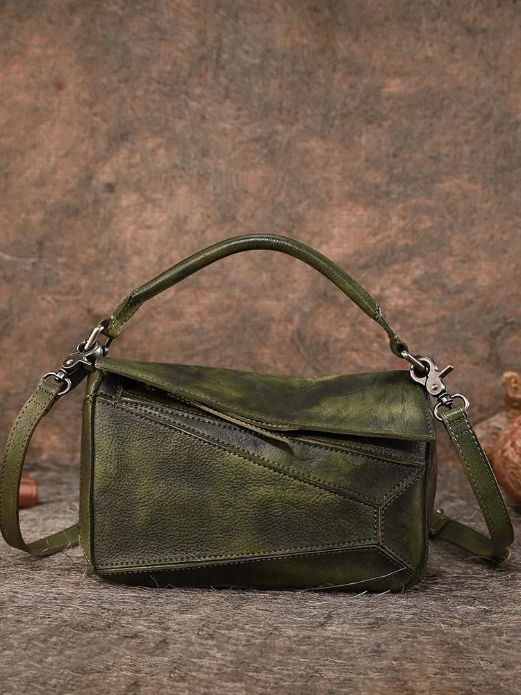 Vintage Green Leather Womens Cube Shoulder Bag Handmade Geometry Crossbody Purse for Ladies
