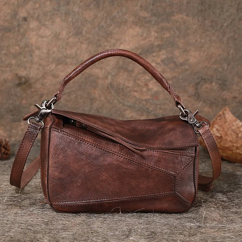 Vintage Green Leather Womens Cube Shoulder Bag Handmade Geometry Crossbody Purse for Ladies