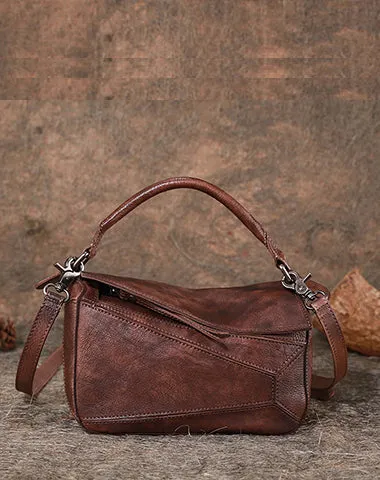 Vintage Green Leather Womens Cube Shoulder Bag Handmade Geometry Crossbody Purse for Ladies